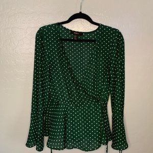 Long sleeve, polka dot wrap blouse